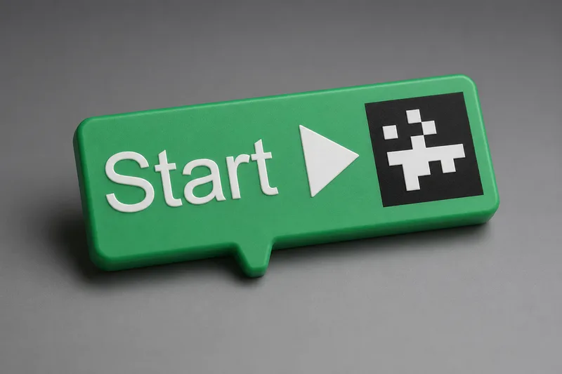 The green Start block: a chunky speech-bubble-shaped tile with a play glyph and scan marker