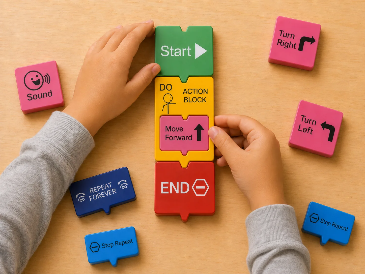 A child’s hands arranging magnetic PhysiCode logic tiles into a sequence on a wooden table
