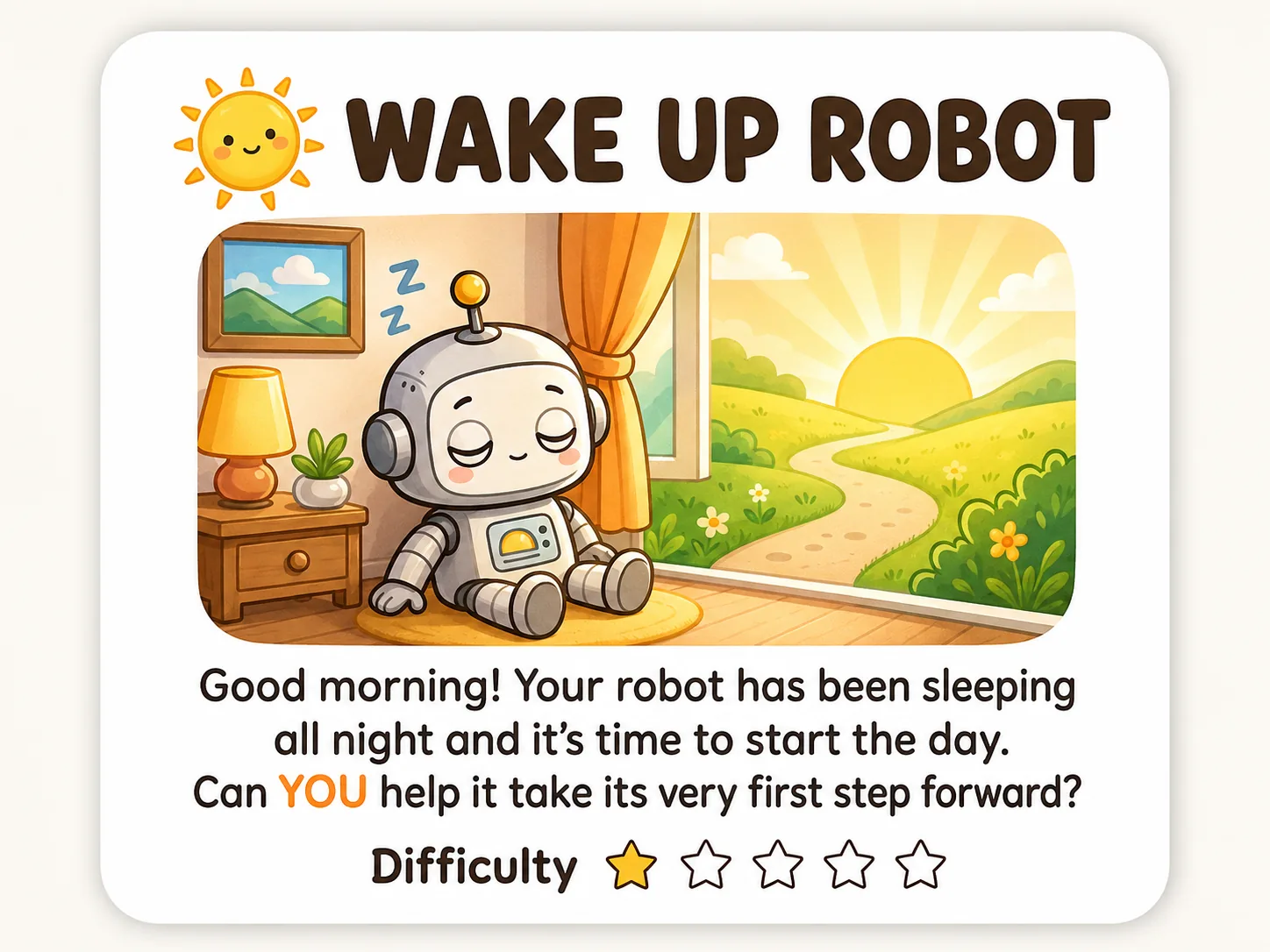 A PhysiCode Mission Card titled 'Wake Up Robot', showing an illustrated sleeping robot and a one-star difficulty rating